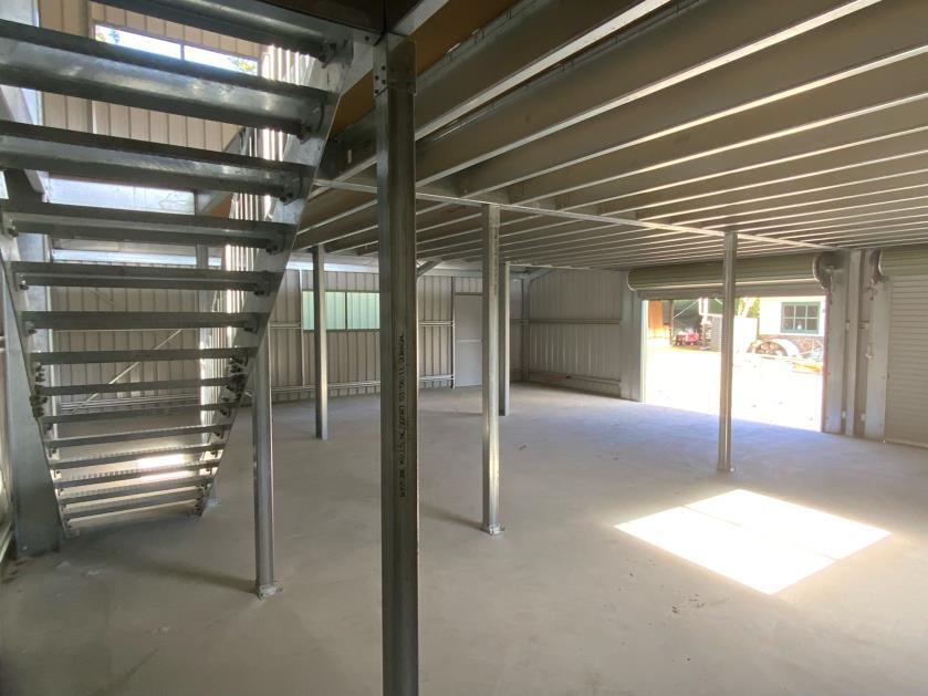 Smart shed storage solutions via Mezzanine floor and stairs in Tasmania